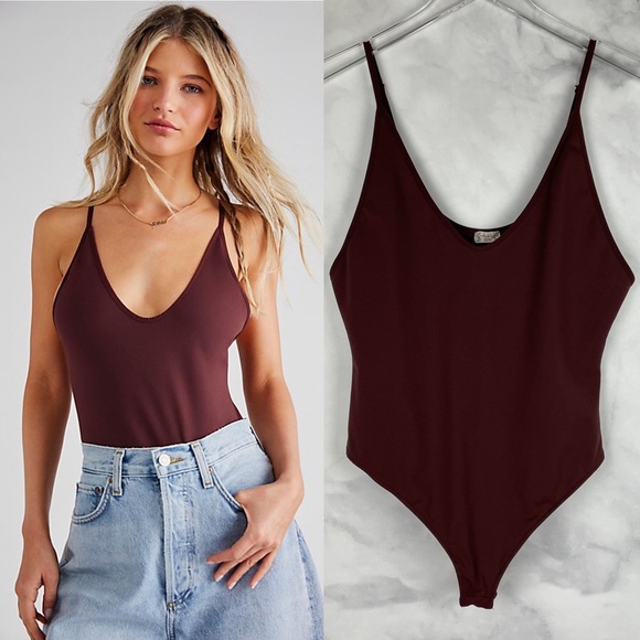 Free People Tops - Free People Intimately "Rosie Duo Bodysuit" Seamless Spaghetti Strap Thong Brown